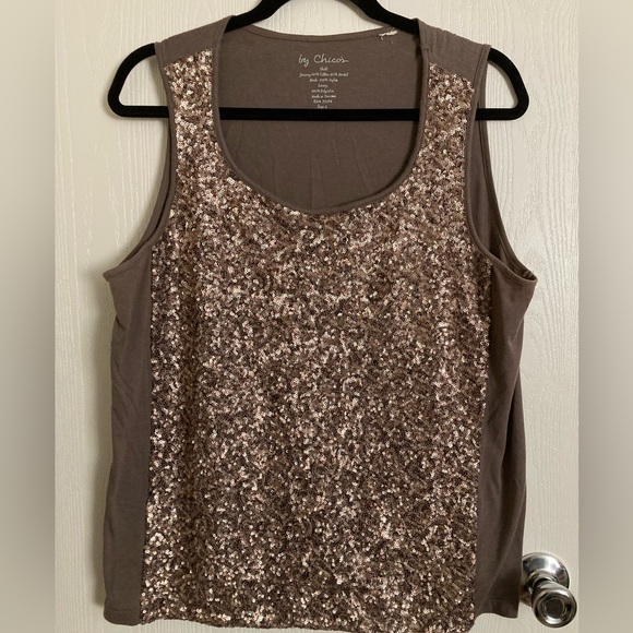Chico's Tank Top Size 2 Sequin Sleeveless Party Top Shimmery Gold - Picture 1 of 11